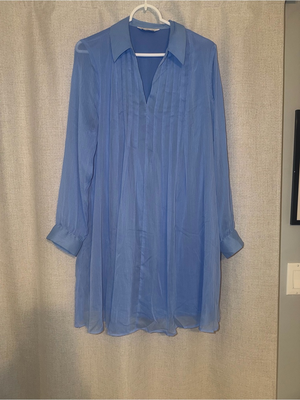 Womens Blue Pleated V-Neck Shirt Mini Dress